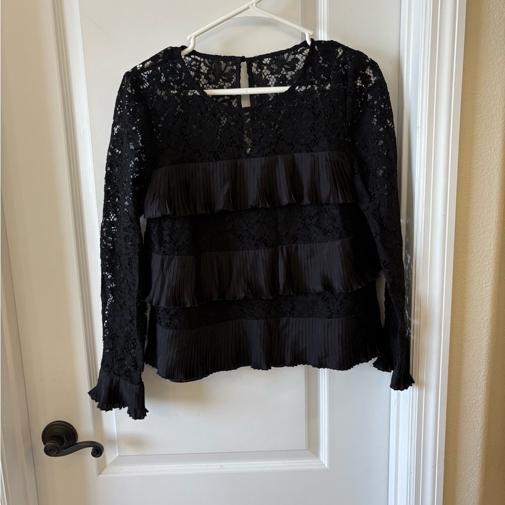 J.Crew Black Lace & Pleated Ruffle Blouse Whimsigoth Vamp Size 6
